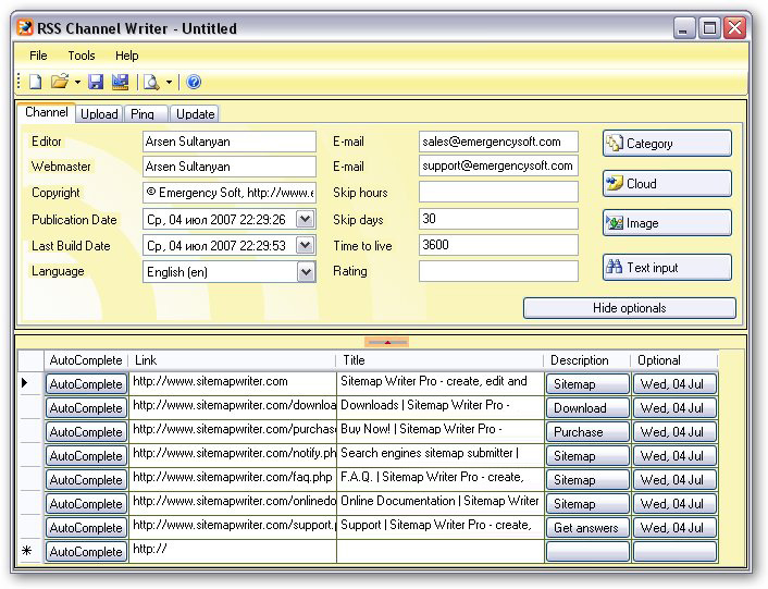 RSS Channel Writer - Channel Optionals Tab